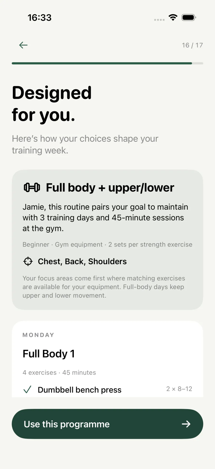Designed for you: a full body and upper/lower split matched to your answers