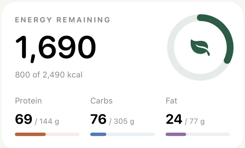 Energy remaining: 1,690 kcal of 2,490, with protein, carbs and fat bars