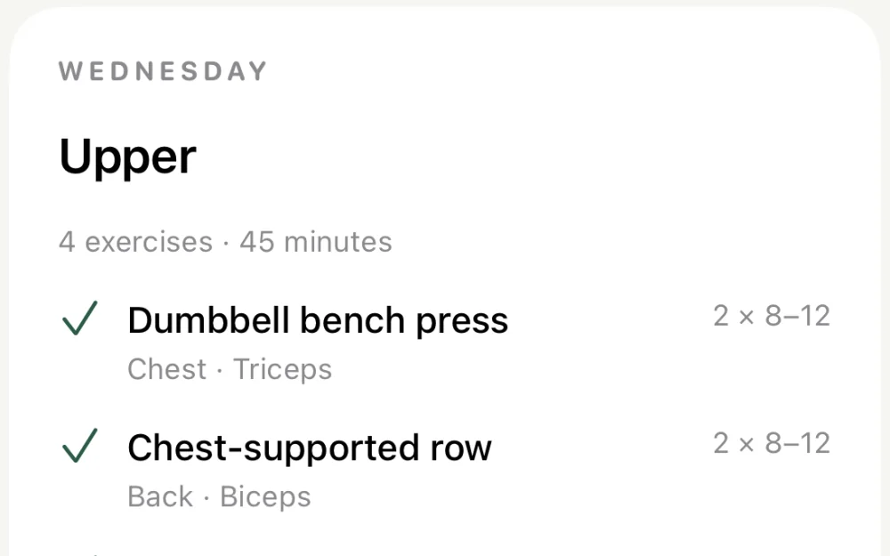 Wednesday's Upper session: four exercises at 2 × 8–12, each with its muscle groups