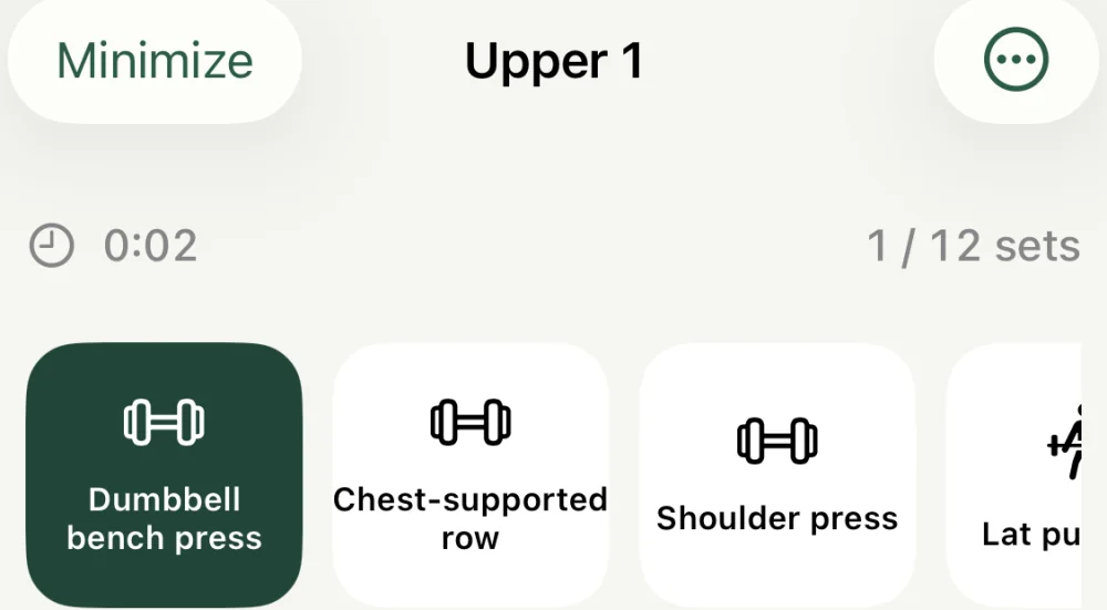 An active Upper 1 session at 1 of 12 sets, with the exercises for the day as tappable cards