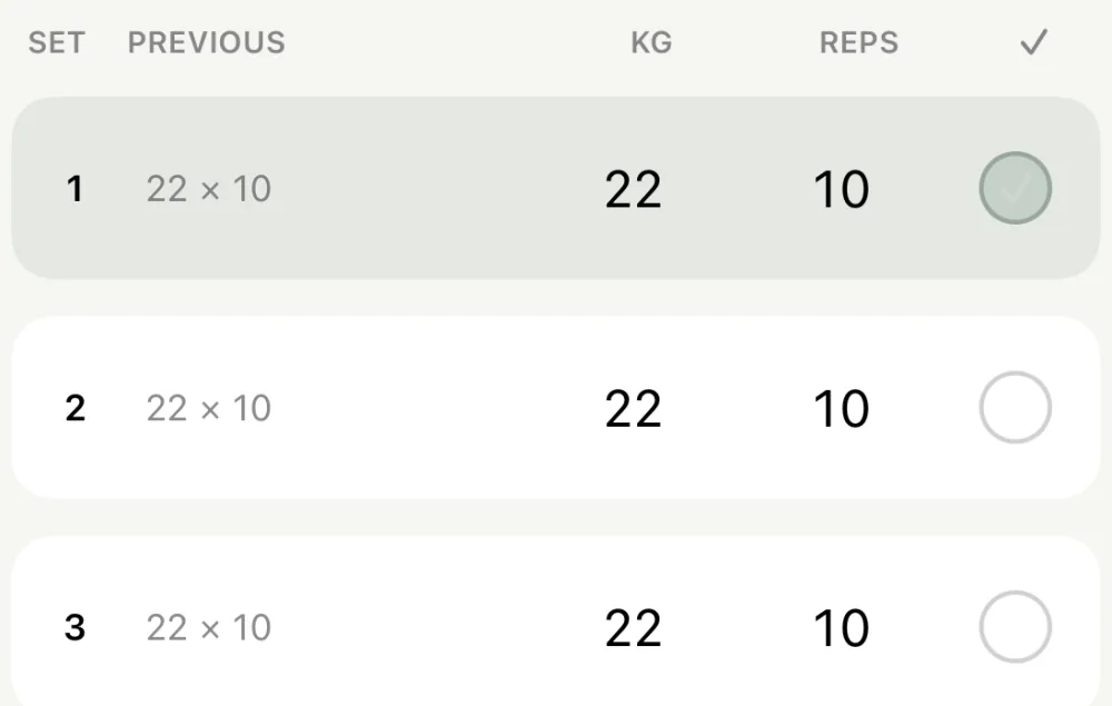 Set logging: three sets at 22 kg for 10 reps, with last session's 22 × 10 shown beside each row