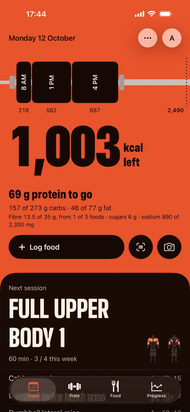 Thrive's Today screen: three meals on the bar, 1,003 kcal left, 69 g protein to go, and the next session, Full upper body 1