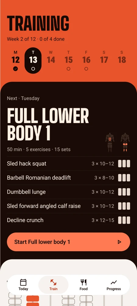 Thrive's Training screen: week of 12 October, three of four workouts done, Full upper body 1 on Monday with six exercises in 60 minutes